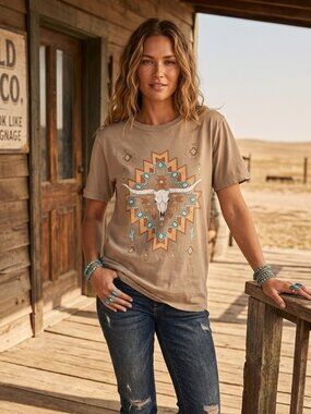 Zutter Wild West Graphic T-Shirt Tan Southwestern Longhorn Large